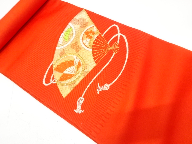 JAPANESE KIMONO / ANTIQUE BOLT FOR NAGOYA OBI / WOVEN FOLDING FAN & BUTTERFLY & FLOWERS